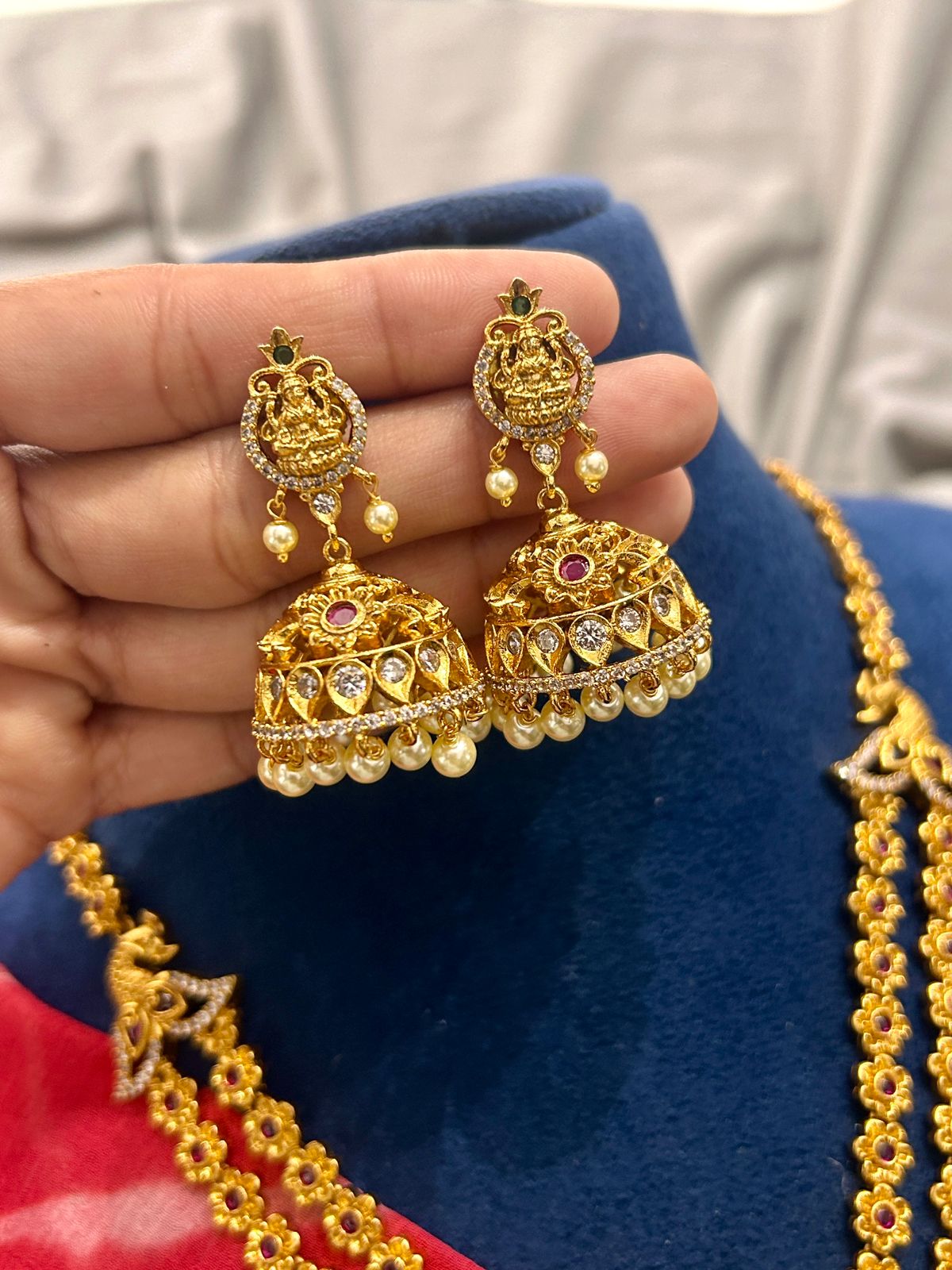 Antique Gold Peacock Temple Jewellery Haram with Pearl Jhumka Earrings